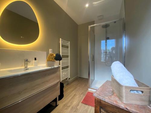 une salle de bain avec un lavabo et une douche dans l'établissement Maison Bollée 6 Pers moderne avec Jardin, au Mans