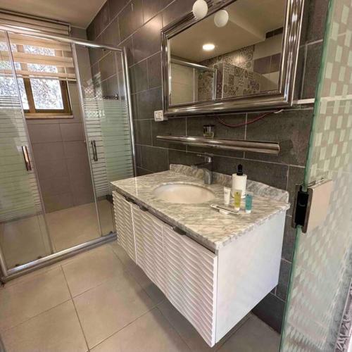 a bathroom with a sink and a shower at Royal Palace Farm in Al Maşţabah