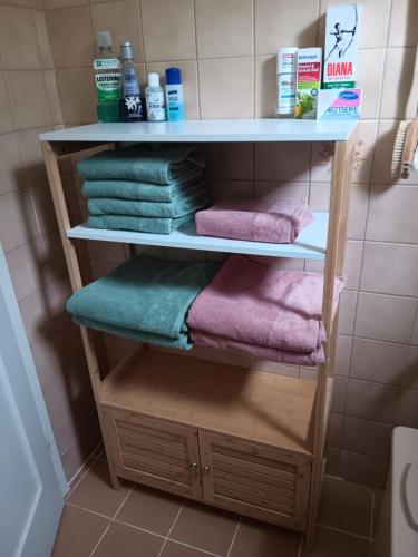 a towel rack with towels in a bathroom at Urlaub am Bauernhof in Trattenbach