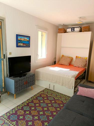 une chambre avec deux lits et une télévision à écran plat dans l'établissement Studio Climatisé bord de Mer, à 100m de la plage du Verdon, à Martigues