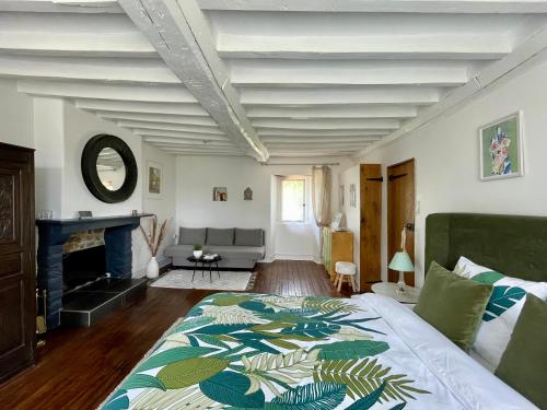 1 dormitorio grande con 1 cama y chimenea en La Paix, Chambre d'Hôte en Suisse Normande en Condé-sur-Noireau