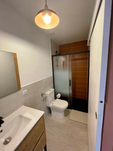 une salle de bain avec toilettes, lavabo et miroir dans l'établissement Bel appartement à Céret, à Céret