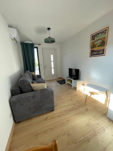 a living room with a couch and a television at Bel appartement à Céret in Céret