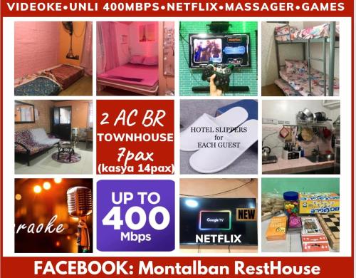 a collage of different pictures of a room at 7pax, 2 AC BR,Videoke,Games,Netflix,Cook,Parking in Rodriguez