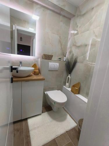 a bathroom with a white toilet and a sink at Apartament Theodora in Curtea de Argeş