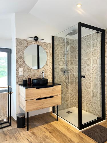une salle de bain avec un lavabo et une douche avec un miroir dans l'établissement Le Petit Cabanon Provençal, à Mane