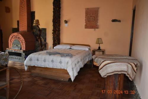 a bedroom with a bed and a fireplace and a bed sidx sidx sidx at La Leyenda in Copacabana