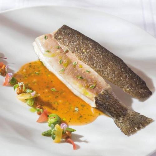 two pieces of fish on a white plate at Lou Baralet Chambres d'hôtes et Restaurant in Roujan