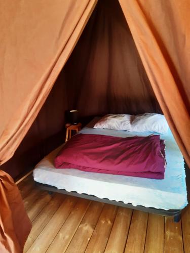 Camping Pommiers des Trois Pays في Licques: سرير جالس داخل خيمة