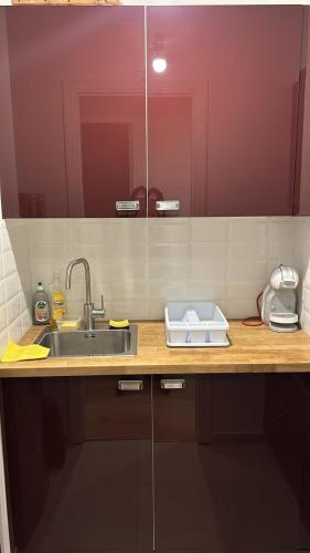 - un comptoir de cuisine avec un évier et un miroir dans l'établissement Appartement moderne avec terrasse - Avenue Foch, Paris 75016, à Paris