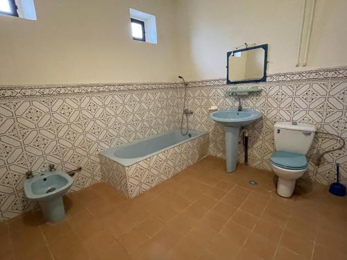 a bathroom with a sink and a toilet and a bath tub at Hotel Tanout in Azilal