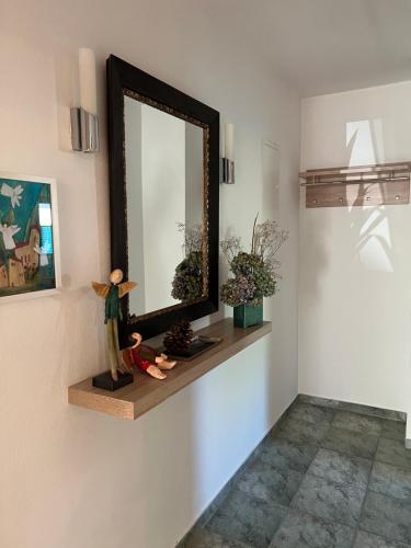 a mirror sitting on a shelf in a room at Ferienwohnung Am Kiessee Birkwitz in Pirna