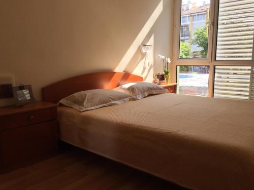 Un dormitorio con una cama grande con ventana. en Elit Sunny Beach, en Sunny Beach