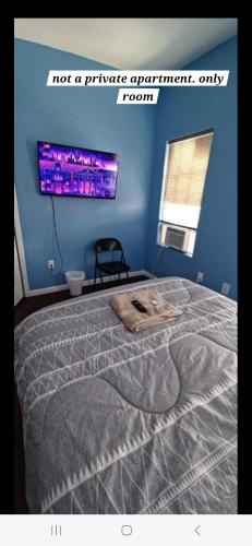 Willoughby في نيوآرك: غرفة نوم بسرير مع جدار ازرق
