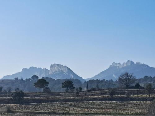 a field with mountains in the background at Le Mas du Lac in Uzès