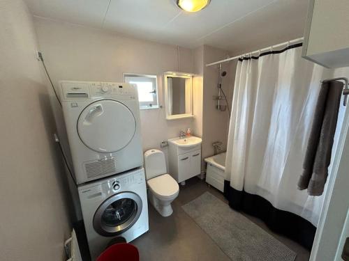 赫爾辛堡的住宿－Radhus i Ramlösa, Helsingborg，一间带洗衣机和卫生间的小浴室