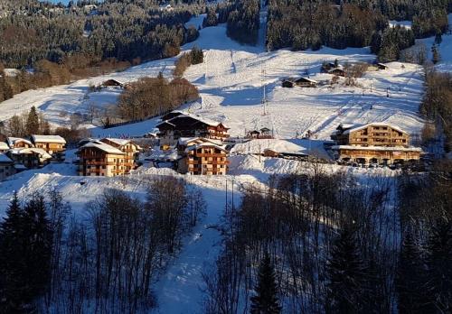 - une vue aérienne sur un complexe dans la neige dans l'établissement Chalets des Evettes- appartement vue montagne, à Flumet