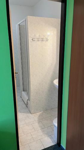a bathroom with a shower and a toilet in it at Grandhotel Nový Bor in Nový Bor