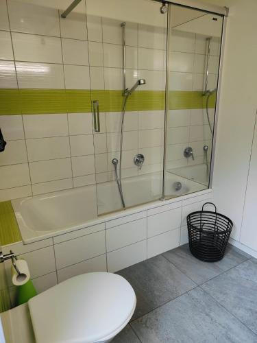 a bathroom with a glass shower and a toilet at Hotel Ristorante della posta , cama in Cama