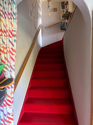 eine mit rotem Teppich ausgelegte Treppe in einem Haus in der Unterkunft Evis Cottage in Wertheim