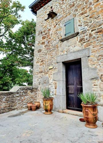 three potted plants sitting in front of a building at La Magnanerie du Berguier in Laurac-en-Vivarais
