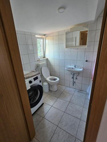 La salle de bains est pourvue d'un lave-linge, de toilettes et d'un lavabo. dans l'établissement Ferienwohnung PETER, à Rudolstadt