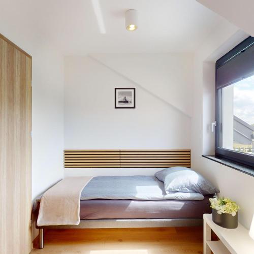 a bed in a white room with a window at Apartamenty SOLEIL in Sarbinowo
