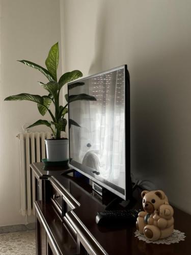 a computer monitor on a desk with a potted plant at L'Antica dimora in Terlizzi