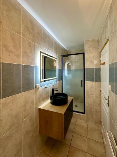 La salle de bains est pourvue d'un lavabo noir et d'une douche. dans l'établissement L'Ostal de Soubrey, à Salettes