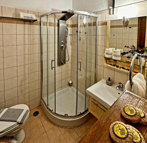 y baño con ducha, aseo y lavamanos. en Corfu Sokraki Villas en Sokrakion