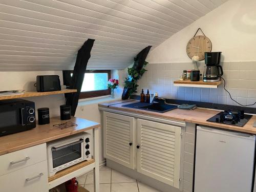 a kitchen with a sink and a microwave at Gite de la deveze cosy et nature in Saint-Beauzély
