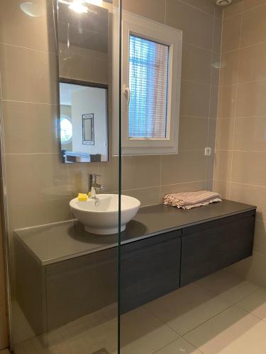 une salle de bain avec un lavabo et un miroir dans l'établissement ARGELES sur MER APPT ETAGE CALELLA TOUT CONFORT JARDIN PISCINE PARKING WIFI, à Argelès-sur-Mer