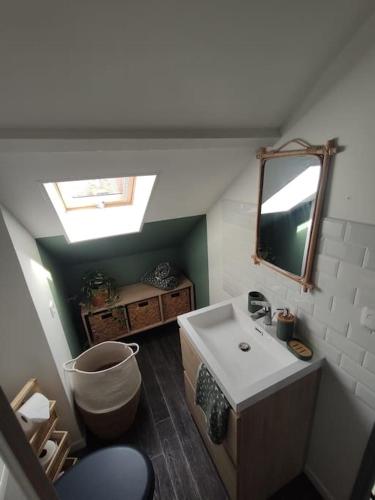 une petite salle de bain avec un lavabo et un miroir dans l'établissement Mouette Rieuse, à Malo-les-Bains