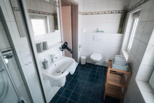 a small bathroom with a sink and a toilet at Heimathafen in Büsum