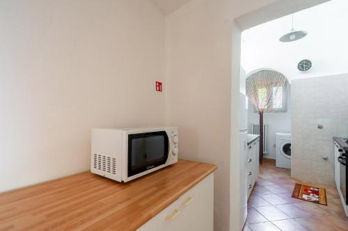 a television sitting on a counter in a bathroom at Casetta Andrea nel Verde in Galatone