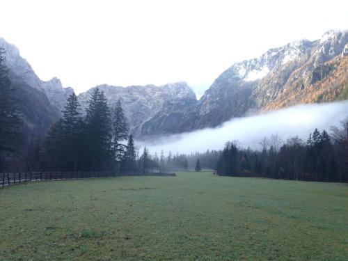 a field with fog in a field with mountains at Guesthouse S in Luče