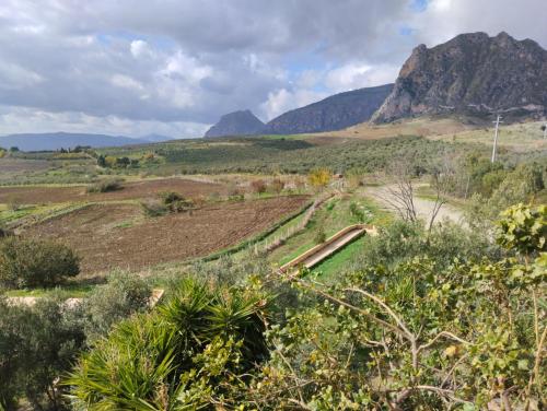 una vista de un campo con montañas en el fondo en Agriturismo Masseria La Chiusa, en San Giuseppe Iato