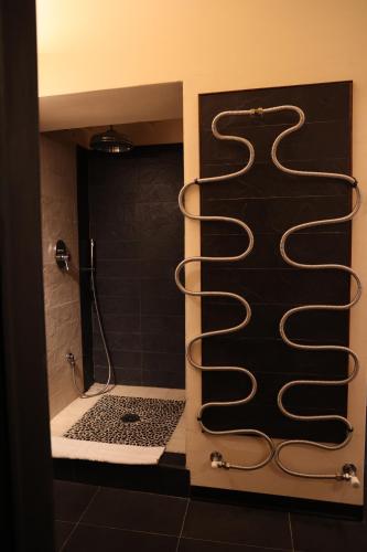 a bathroom with a shower with a laptop in it at Mansarda Pescia in Pescia