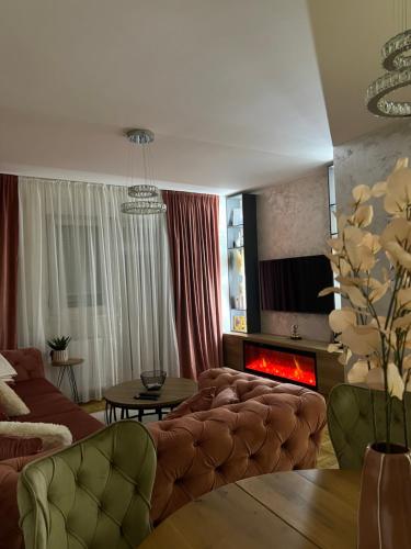 a living room with a couch and a fire place at Stan na dan,Beograd -Žarkovo in Bele Vode