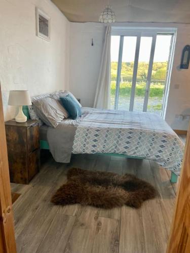 a bedroom with a bed with a rug on the floor at Clarefornia Stone Shed in Lahinch