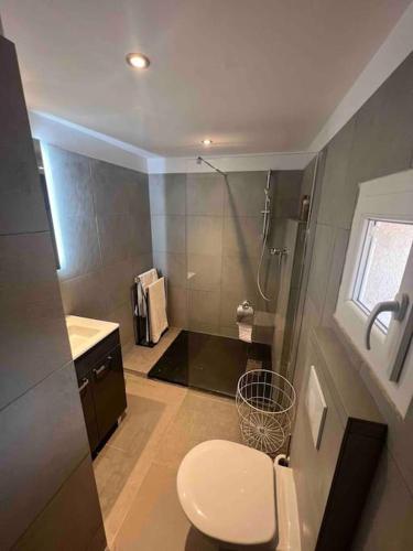 une petite salle de bain avec toilettes et douche dans l'établissement Magnifique T3 duplex, à Aubagne