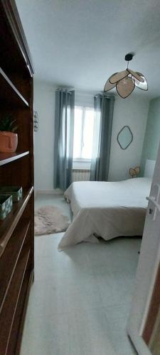 une chambre avec un grand lit et une fenêtre dans l'établissement La maison verte, à Montois-la-Montagne