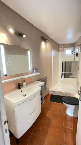une salle de bain avec un lavabo blanc et des toilettes dans l'établissement Michel Perrot, à Concarneau