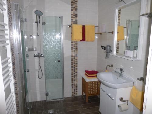 een badkamer met een douche en een wastafel bij Ferienhaus "Buchfink" in Berumbur