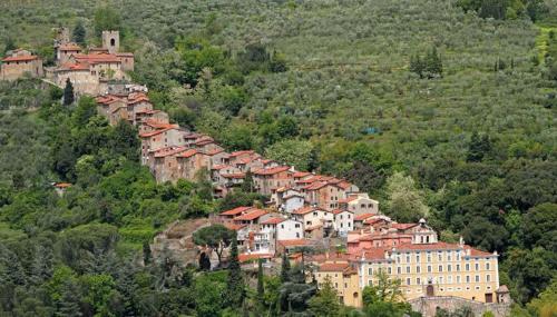 a village on a hill with houses on it at Mansarda Pescia in Pescia
