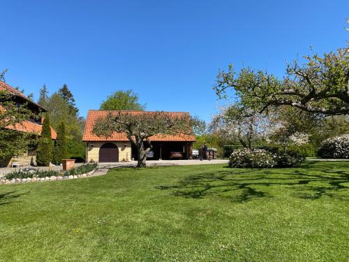 a house with a green yard with a tree at Smukke omgivelser i Troense in Svendborg