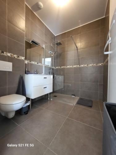 une salle de bain avec toilettes, lavabo et douche dans l'établissement T2 bord de mer, à Albitreccia