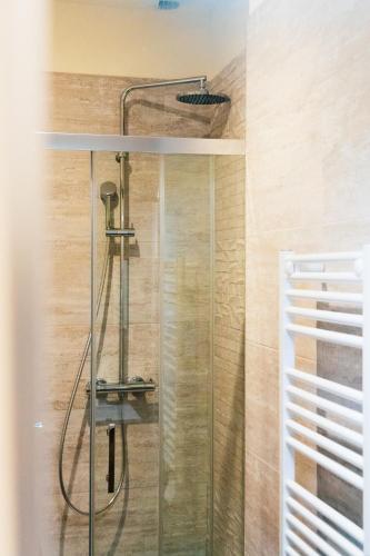 une douche avec une porte vitrée dans une salle de bain dans l'établissement Bloom living - T1 standing - Hyper centre, à Toulouse