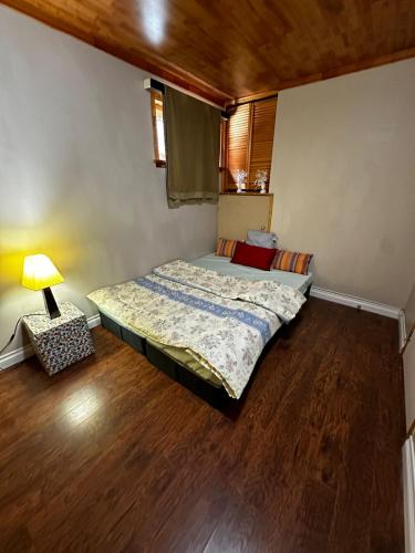 1 dormitorio con 1 cama y 1 lámpara en el suelo de madera en Charming Room In Brampton- 20 mins drive to airport, Plaza, Bus Stop at Walking Distance B4!, en Brampton