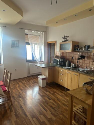 uma grande cozinha com pisos em madeira e uma bancada em Apartmán na horách em Vejprty